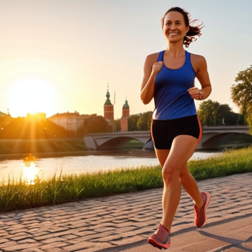 **

A determined woman jogging in a park in Warsaw, wearing athletic gear. The sun is setting, casting a warm glow. In the background, the Vistula River is visible. She's smiling slightly, focused on her run, symbolizing overcoming daily stress and building mental resilience. The image should convey a sense of peace and strength.

**