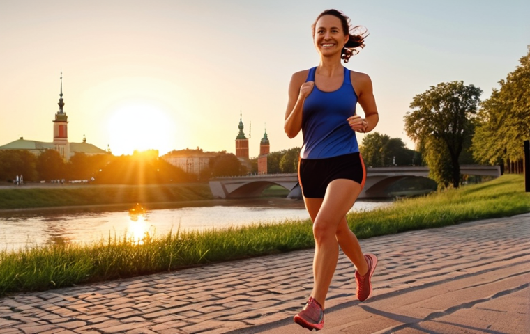 **
A determined woman jogging in a park in Warsaw, wearing athletic gear. The sun is setting, casting a warm glow. In the background, the Vistula River is visible. She's smiling slightly, focused on her run, symbolizing overcoming daily stress and building mental resilience. The image should convey a sense of peace and strength.
**