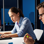 **A woman looking determined, working on a presentation late at night, surrounded by supportive colleagues in a brightly lit, modern office. The scene should convey a sense of overcoming technical difficulties with teamwork and a positive attitude.**